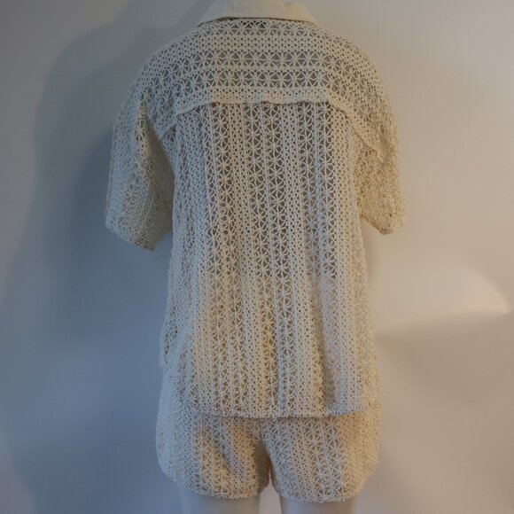 Women Benaar LA Jeiley Cream 2Pc Set Crochet Gauzy Contrast Collared Top Short M - Picture 11 of 13